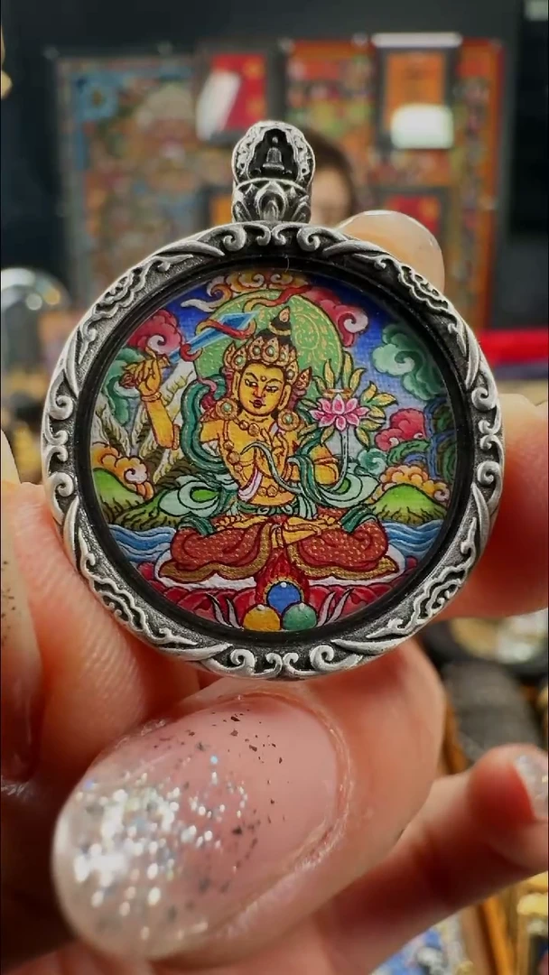 吊坠壹善缘城手绘唐卡文殊2.0双面银壳