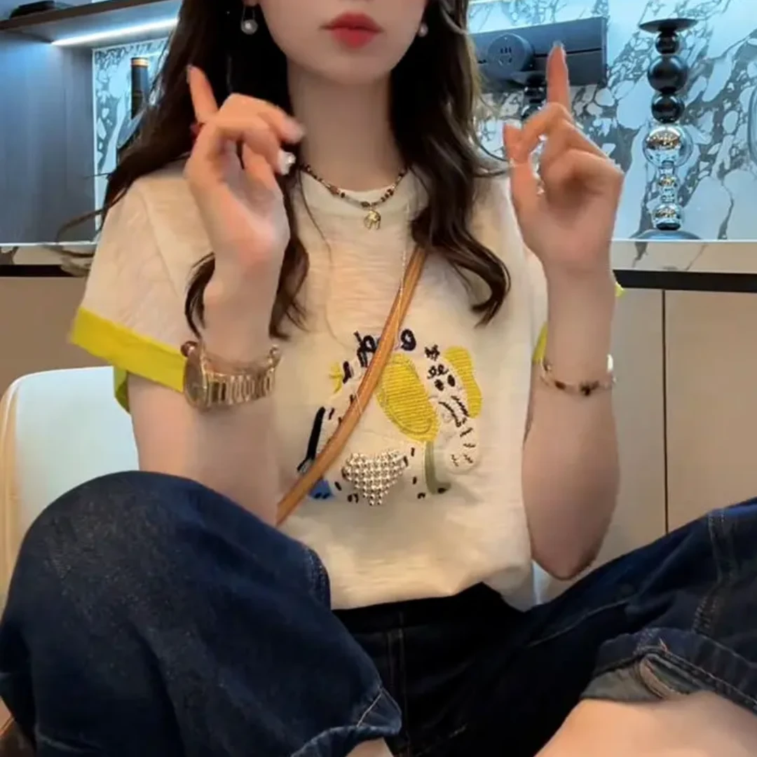 2025新款『撞色小象』重工刺绣洋气时尚百搭女上衣T恤-25215