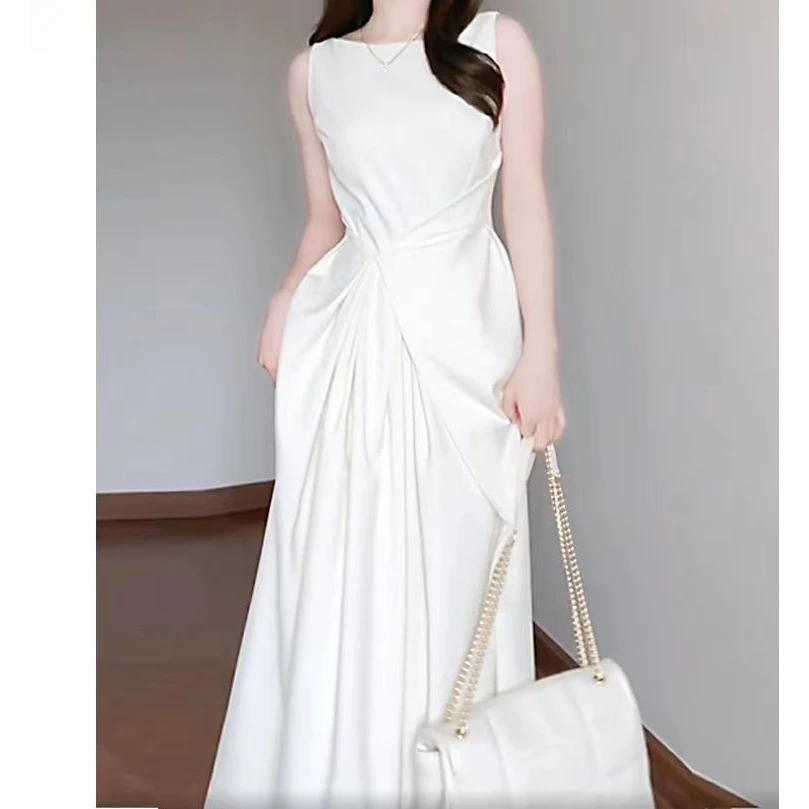 2025高端精致白色裙子茶系御姐法式收腰连衣裙气质无袖女夏季爆款