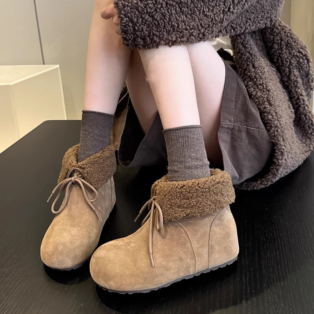 4CM内增高磨砂皮加绒两穿翻边雪地靴女2025新款冬季保暖短靴棉靴
