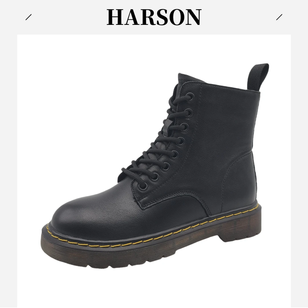 Harson/哈森透气缝制防滑圆头短筒中跟马丁靴靴子女靴复古220176