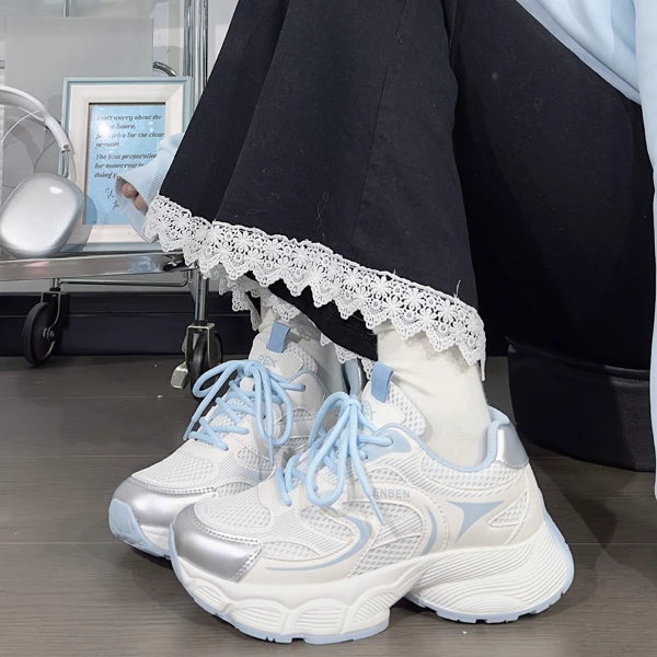 人本厚底老爹鞋女2025新款百搭网面透气学生鞋子增高运动休闲鞋女
