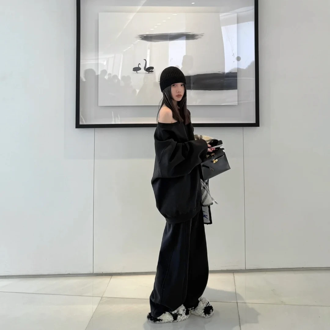 休闲套装女2025春季慵懒风小众宽松露肩卫衣早春直筒休闲裤两件套