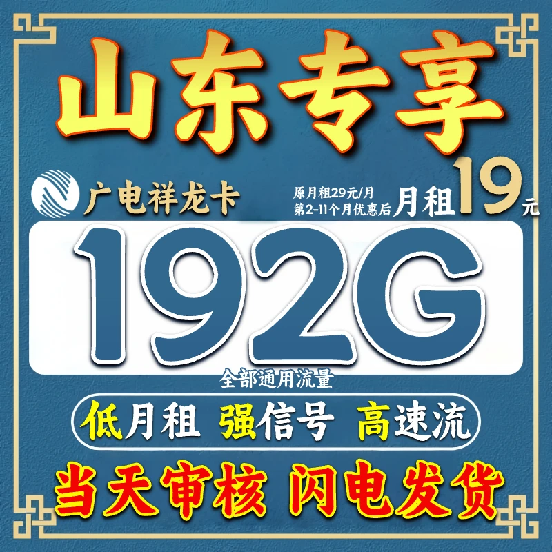 【山东专享】广电流量卡19限流量卡192g超大流量卡5g手机卡电话卡HG