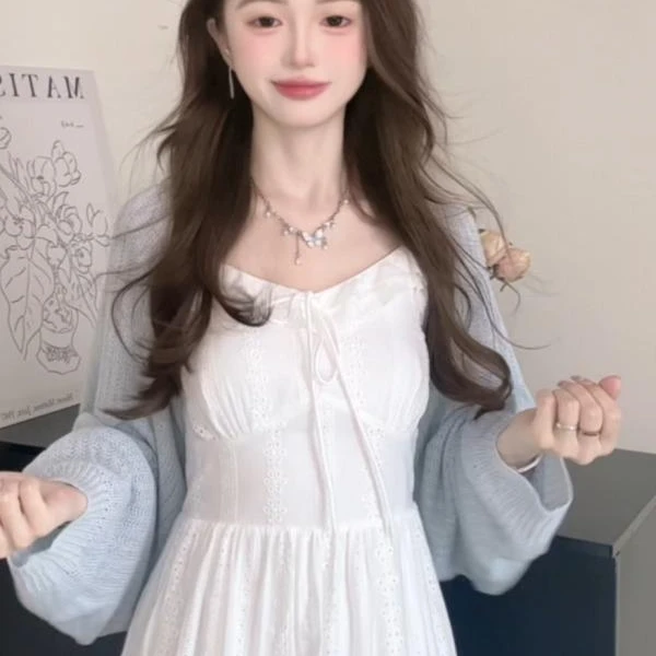 法式温柔风白色吊带裙女2025春季新款V领开衫连衣裙两件套装