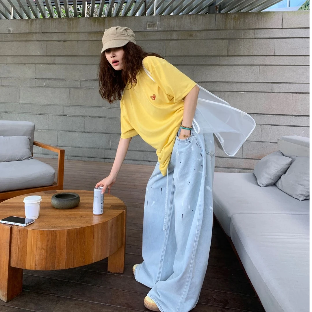 2025夏季新款时尚宽松打底短袖上衣气质显瘦印花套头圆领洋气休闲