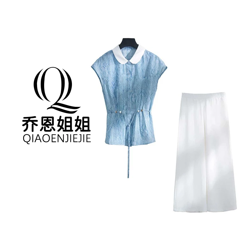 【乔恩】【两件套】【有里布】时尚简约翻领小衫阔腿裤两件套D2786