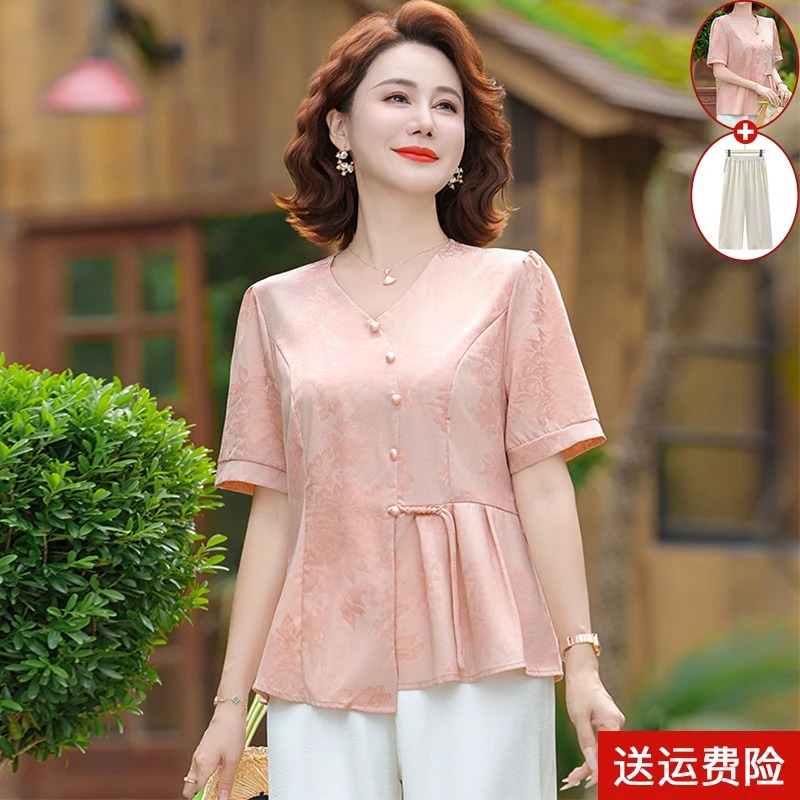 妈妈夏2025新款女装端庄大气套装中老年夏季雪纺小衫上衣服两件套