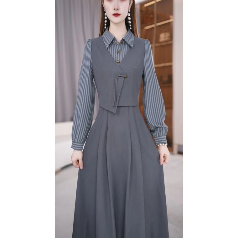 【连衣裙】秋季新款洋气减龄条纹显瘦连衣裙M-4XL