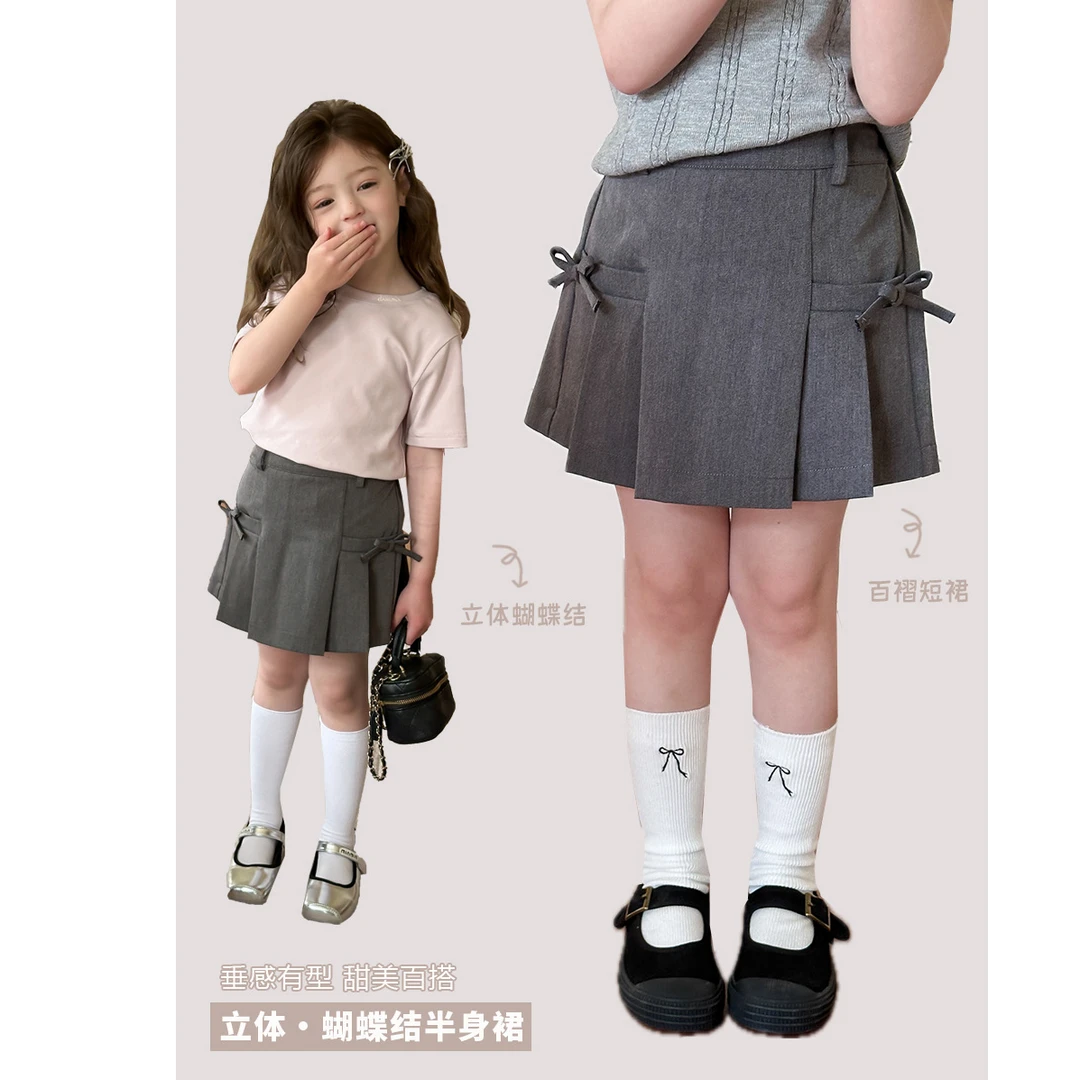 【现货】防走光儿童垂感有型半身裙立体蝴蝶结百褶裙童装25B166