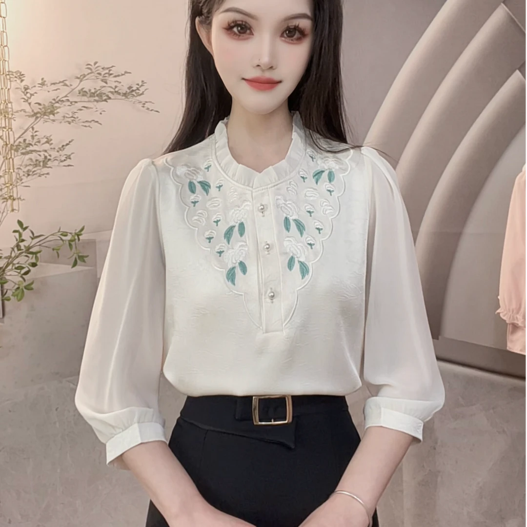 七分袖衬衫女重工刺绣夏季新款衬衣木耳领设计感女士绣花上衣显瘦