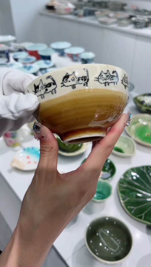 瓷片猫咪漫步饭碗（黄）