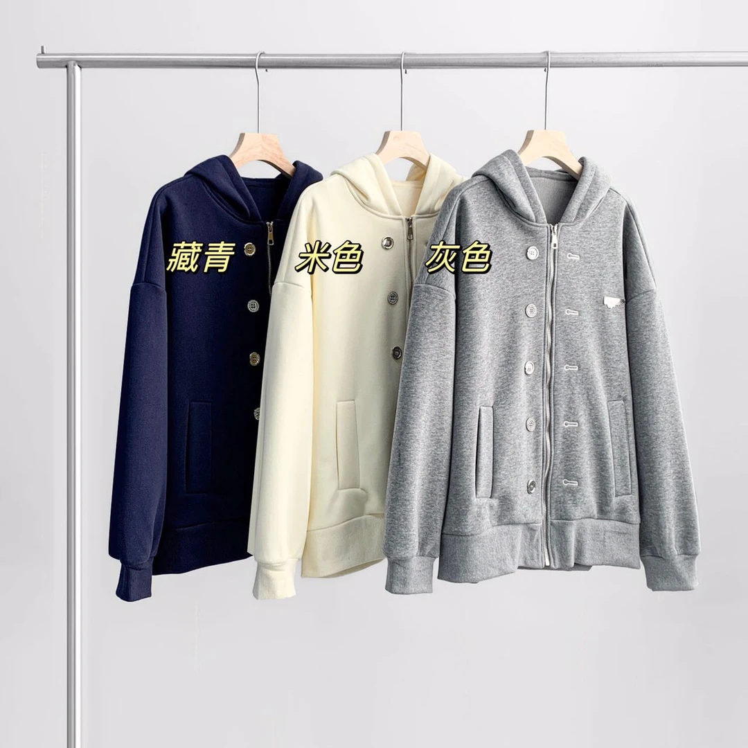 【LU出口订单】冬季宽松长袖纯色百搭排扣连帽外套 336