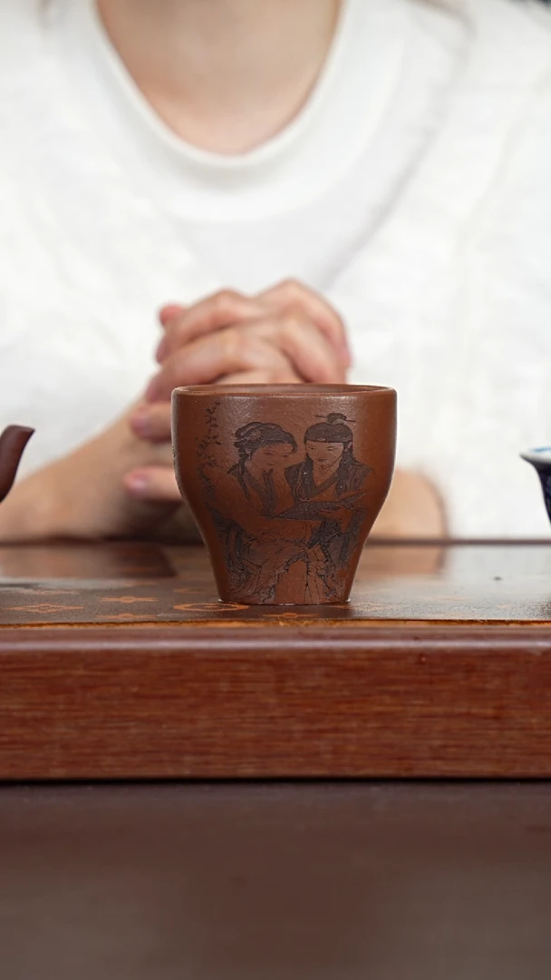 茶壶紫砂梨皮紫泥刻绘梅瓶杯-150