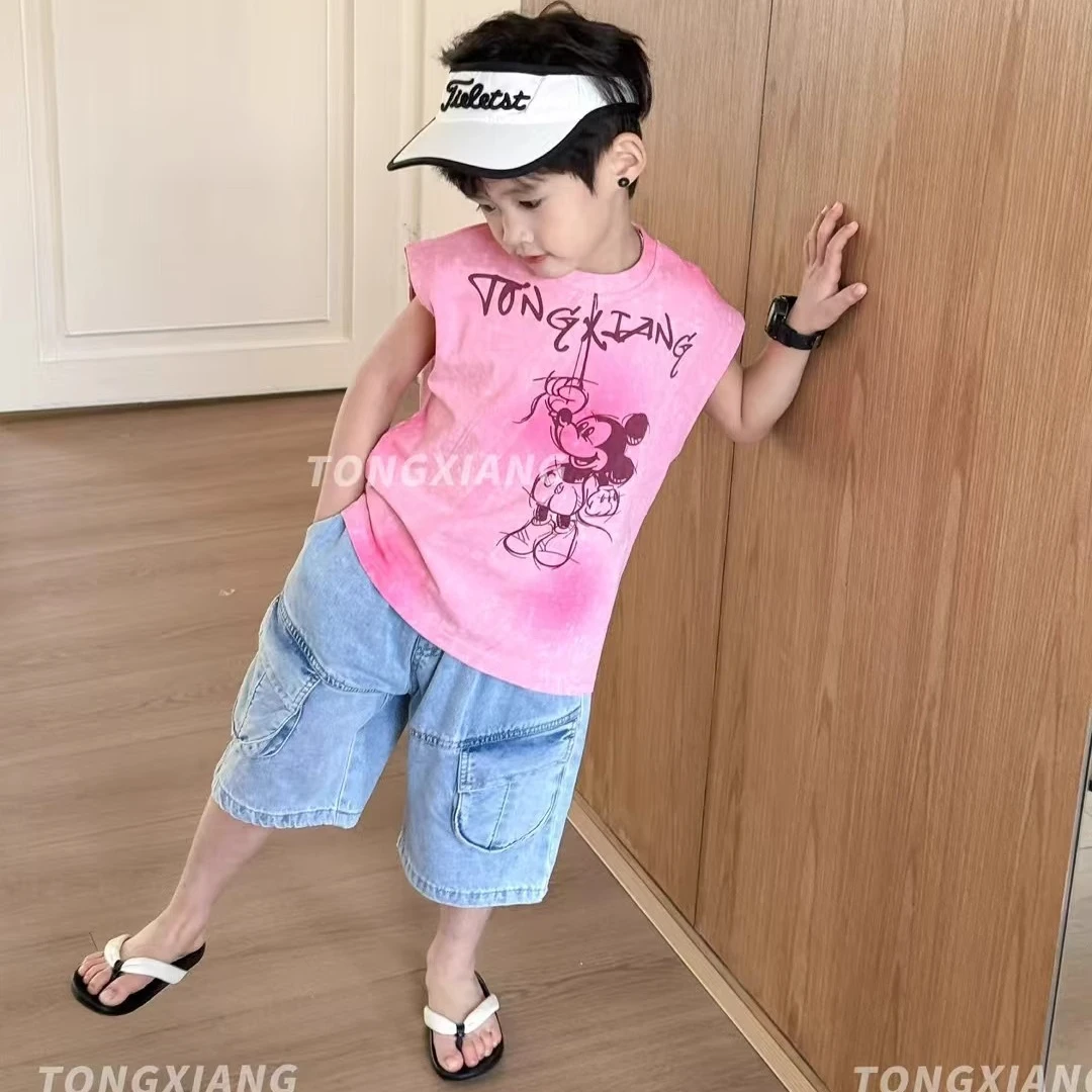 潮牌童装2025夏季新款男童纯棉圆领无袖背心儿童T恤韩版设计感