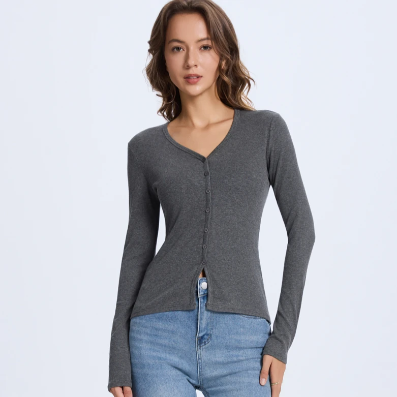 TZA【秋冬新品】高弹显瘦修身v领T恤秋冬跑步运动健身瑜伽长袖女