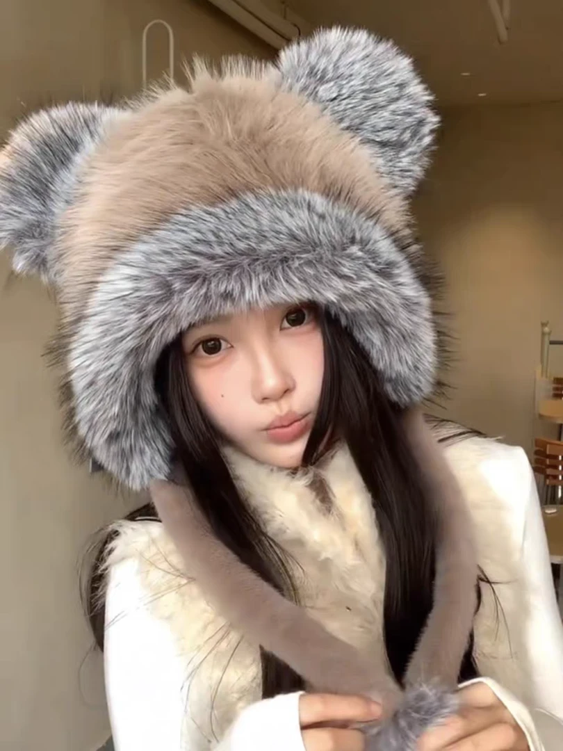 可爱小熊耳朵毛绒雷锋帽女冬季加厚保暖护耳显脸小防寒帽子