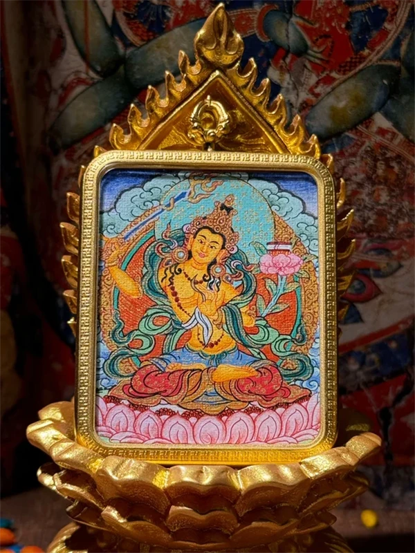 唐卡吊坠真品西藏纯手工【文殊】纯手绘粗矿砂顶级热贡西藏画风唐卡