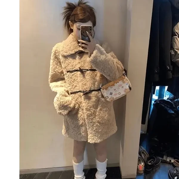 巧克力牛角可颂 皮毛一体外套女秋冬宽松慵懒风大衣