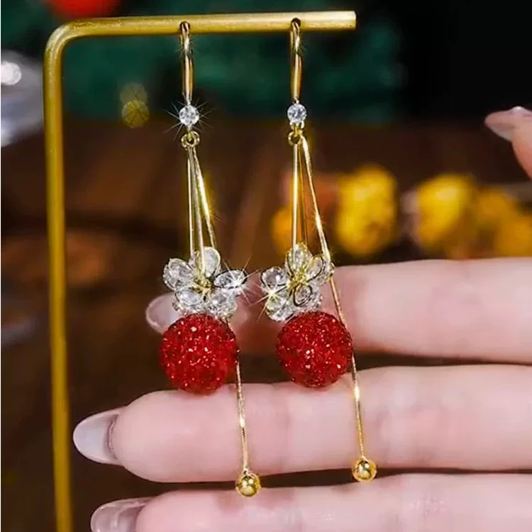 925银针耳饰 【39号】花好月圆 红色气质长款百搭流苏耳环