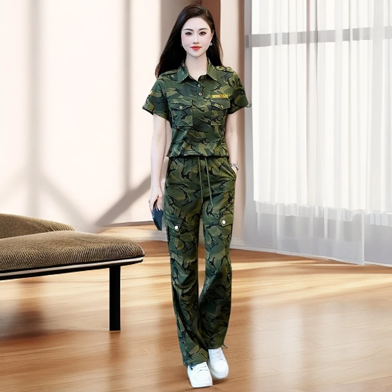 迷彩服休闲运动套装女夏翻领短袖阔腿工装裤酷飒风减龄显瘦两件套