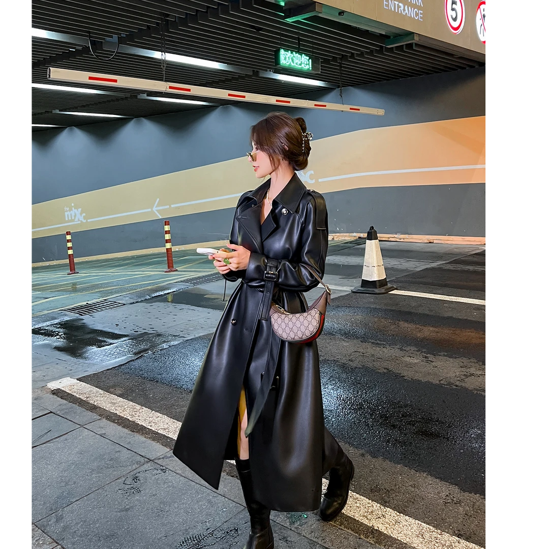 黑色pu皮风衣外套女长款2025秋冬新款高级感宽松收腰休闲气质大衣