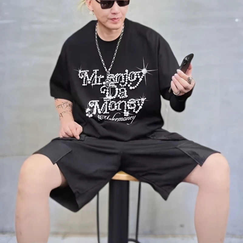 珍珠花体字潮流时尚美式那女情侣百棉T恤