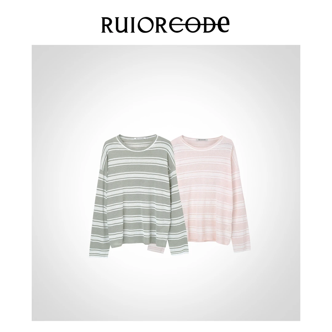 【RUIORCODE】微卷边条纹轻薄透气针织长袖上衣  理性消费##