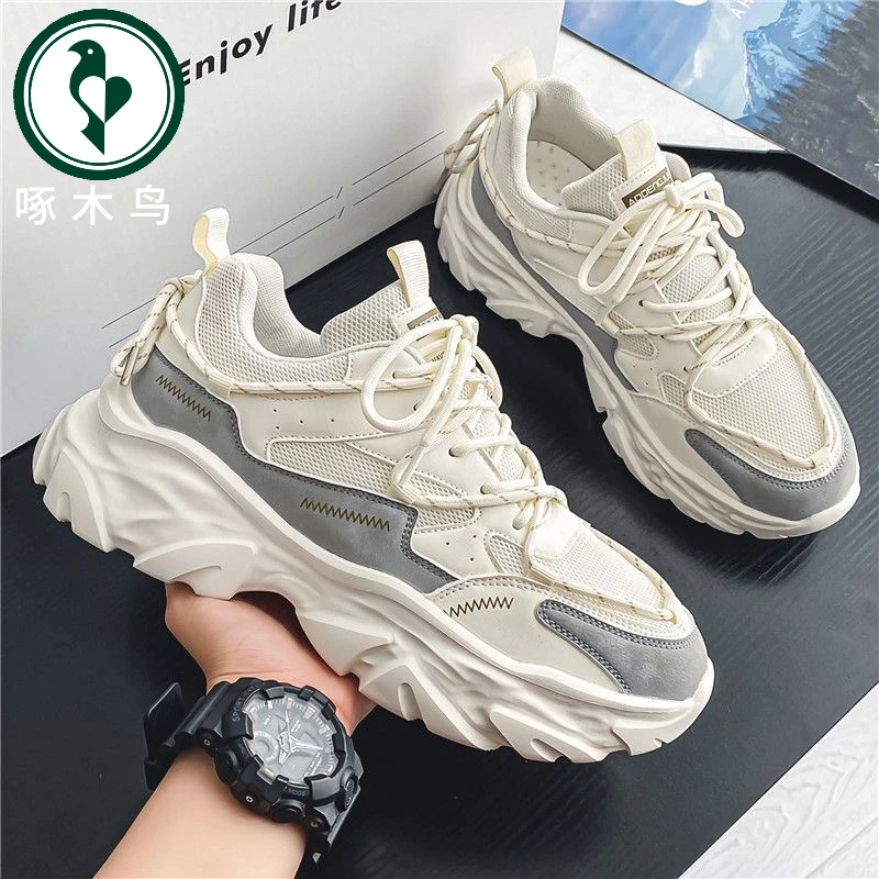 【正品】啄木鸟男鞋夏季网面运动鞋2025新款休闲厚底跑步老爹潮鞋