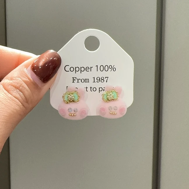 非金属布艺耳饰 ES-648时尚可爱粉色兔子植绒耳钉