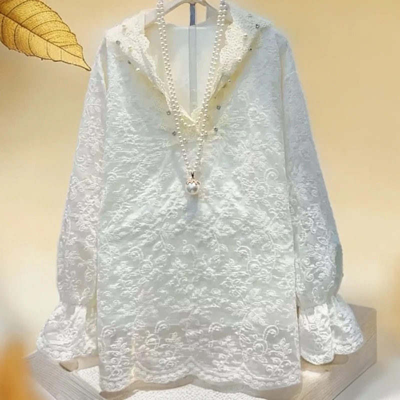 63新中式蕾丝小衫2025春季新款时尚气质宽松大版重工钉珠上衣连帽