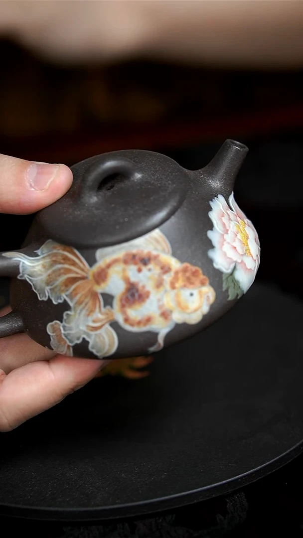 茶壶紫砂天青牡丹兰寿石瓢壶瑕（已修复）