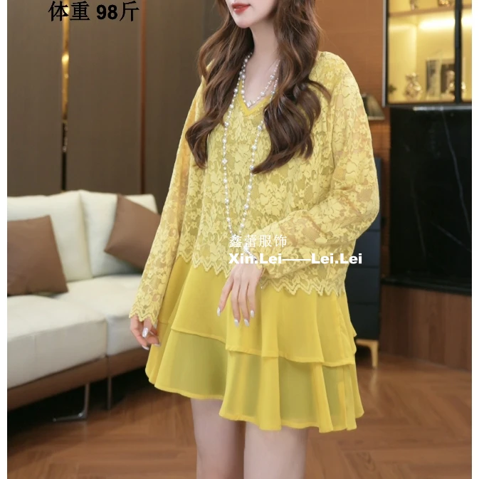 【鑫蕾】设计感拼接双层蕾丝上衣钩花长袖时尚百搭T恤28712