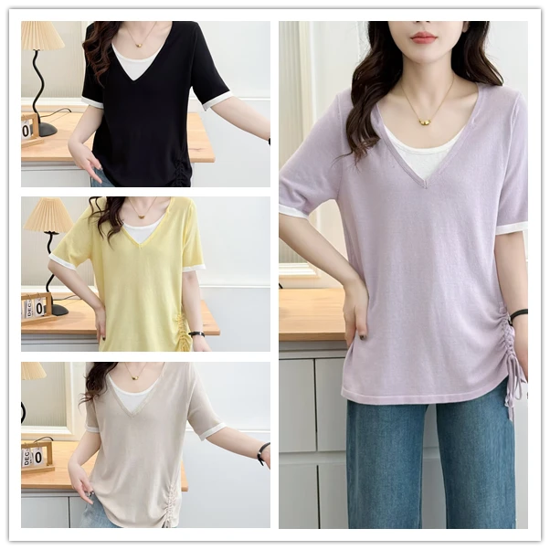 大码女装胖MM夏季新款V领假两件设计感撞色薄款针织衫显瘦短袖