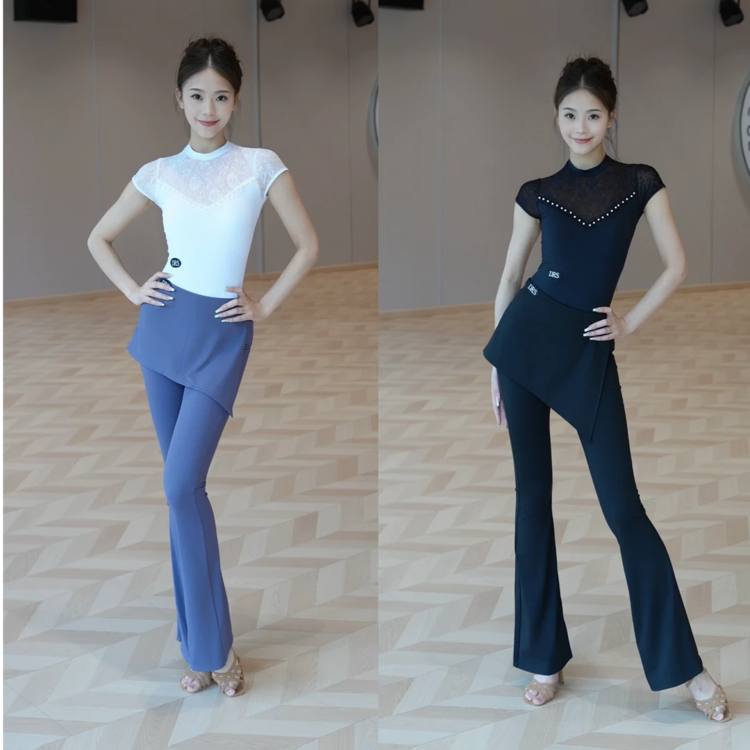 DRS秋冬珍珠蕾丝立领高领镂空蕾丝小飞袖拉丁舞舞服微喇遮臀裤