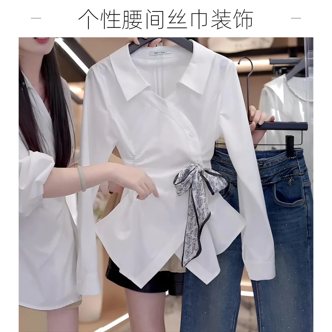 大码女装不规则白色翻领收腰长袖衬衫2025秋季新款设计感显瘦衬衣