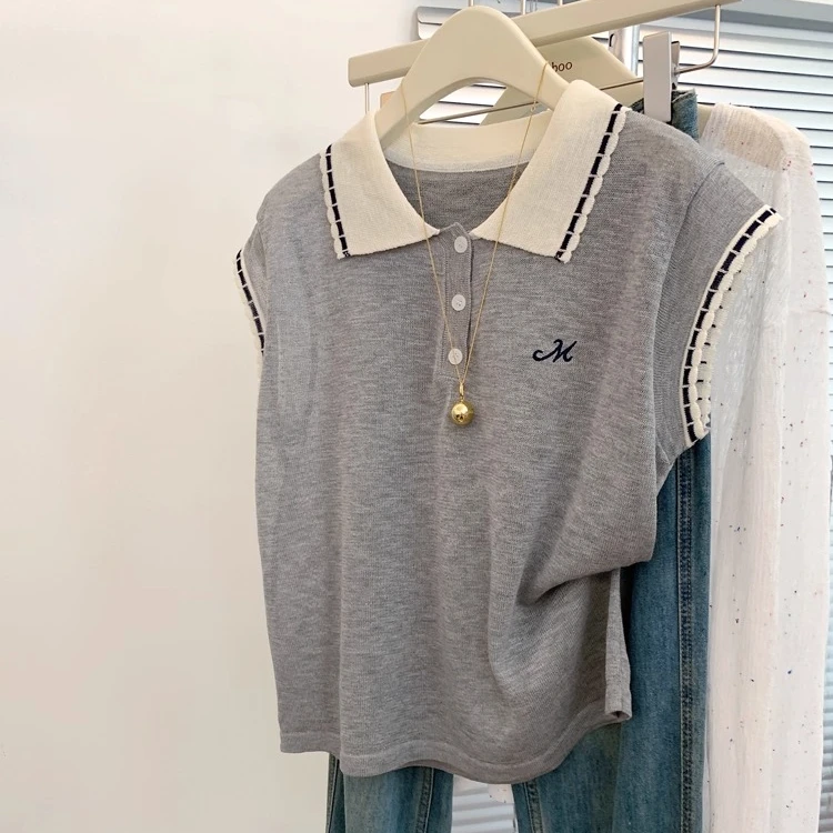 法式灰色polo领针织衫t恤女洋气百搭上衣2025夏季薄款轻奢高级感