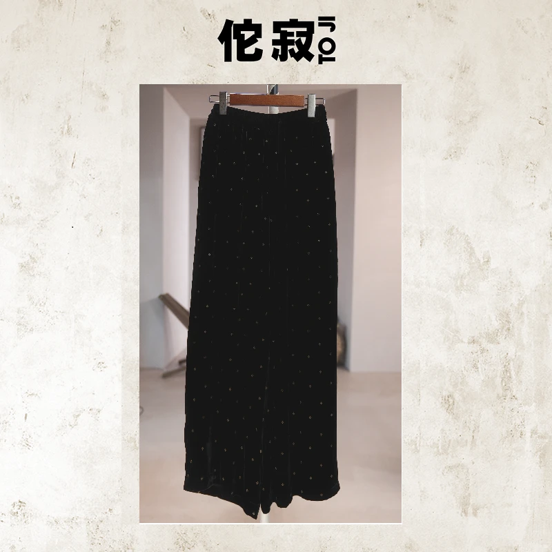 TOJI佗寂时尚丝绒日常秋季休闲百搭高腰黑丝绒绣花裤子TWO3K662
