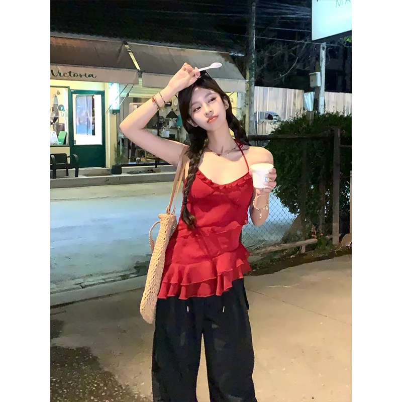 2025夏季新款性感辣妹设计感红色吊带上衣女时尚高腰抽绳休闲裤