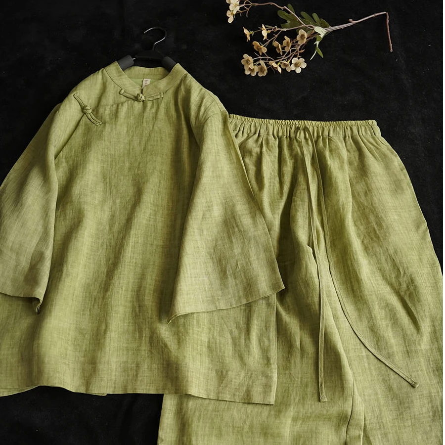 静家 苎麻炒色立领斜襟盘扣七分袖衬衫上衣加阔腿裤两件套  套装