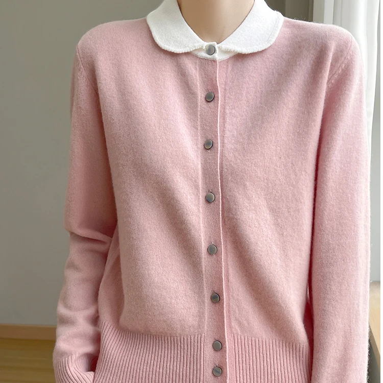 【100纯羊毛】女士苹果领长袖开衫百搭针织衫PY6085