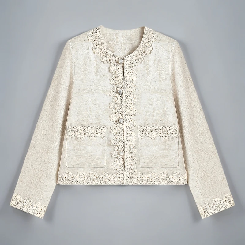 【南油虹姐】蕾丝小香风气质白色轻奢短款时尚重工外套