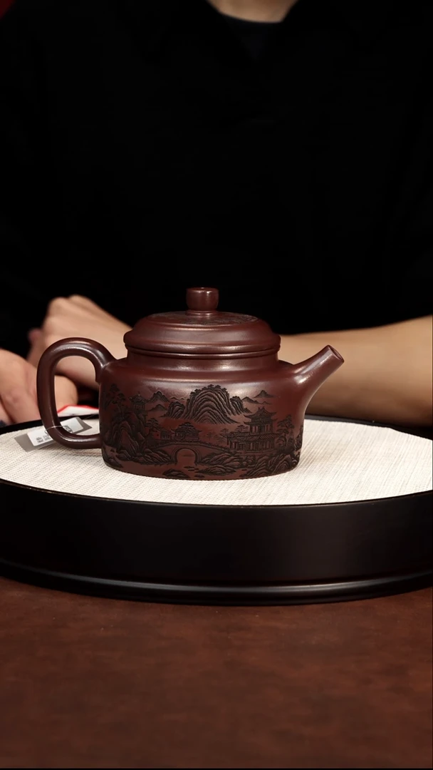 茶壶紫砂龙山古乌泥  山水德钟