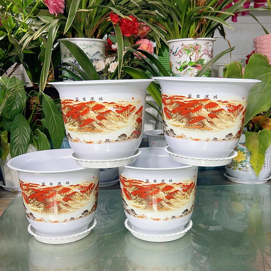 200白色鸿运当头树脂花盆4个送托盘【仿陶瓷口径20高17.5厘米】