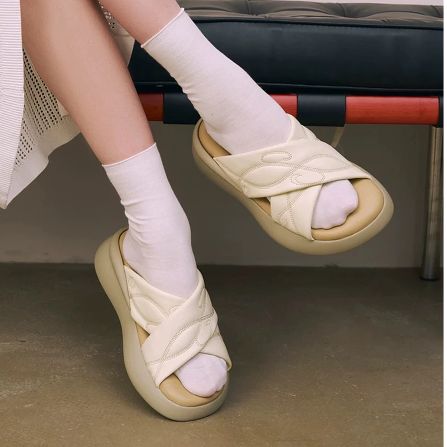 lost in echo 孟子义同款羊皮交叉带舒适厚底增高外穿沙发拖鞋