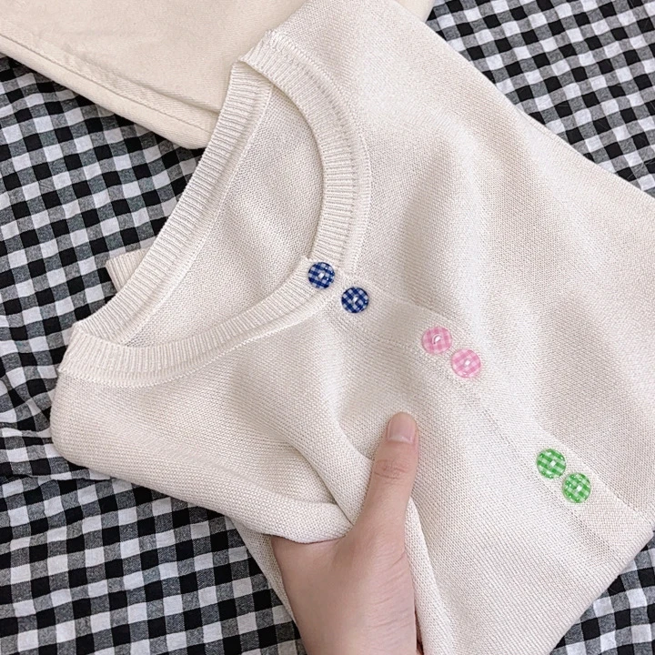 夏季新品【格子扣】圆领纯色短袖针织开衫薄款天丝麻外套 051