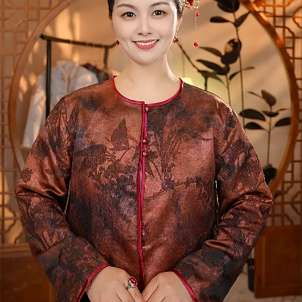 双面国风复古印花提花长袖女士衬衫上衣8982