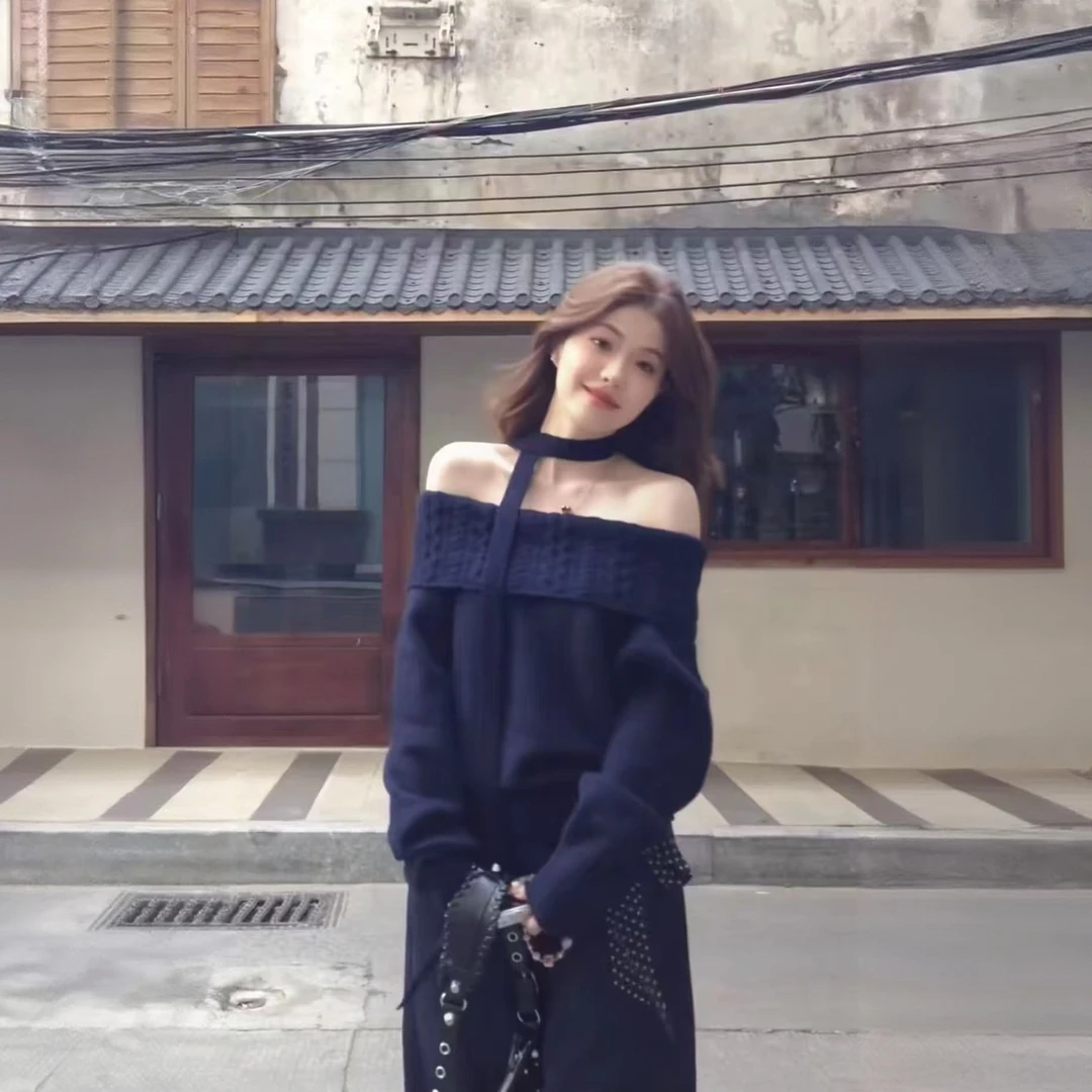 韩系一字肩毛衣女2025秋冬新款高级感宽松慵懒风独特漂亮针织上衣