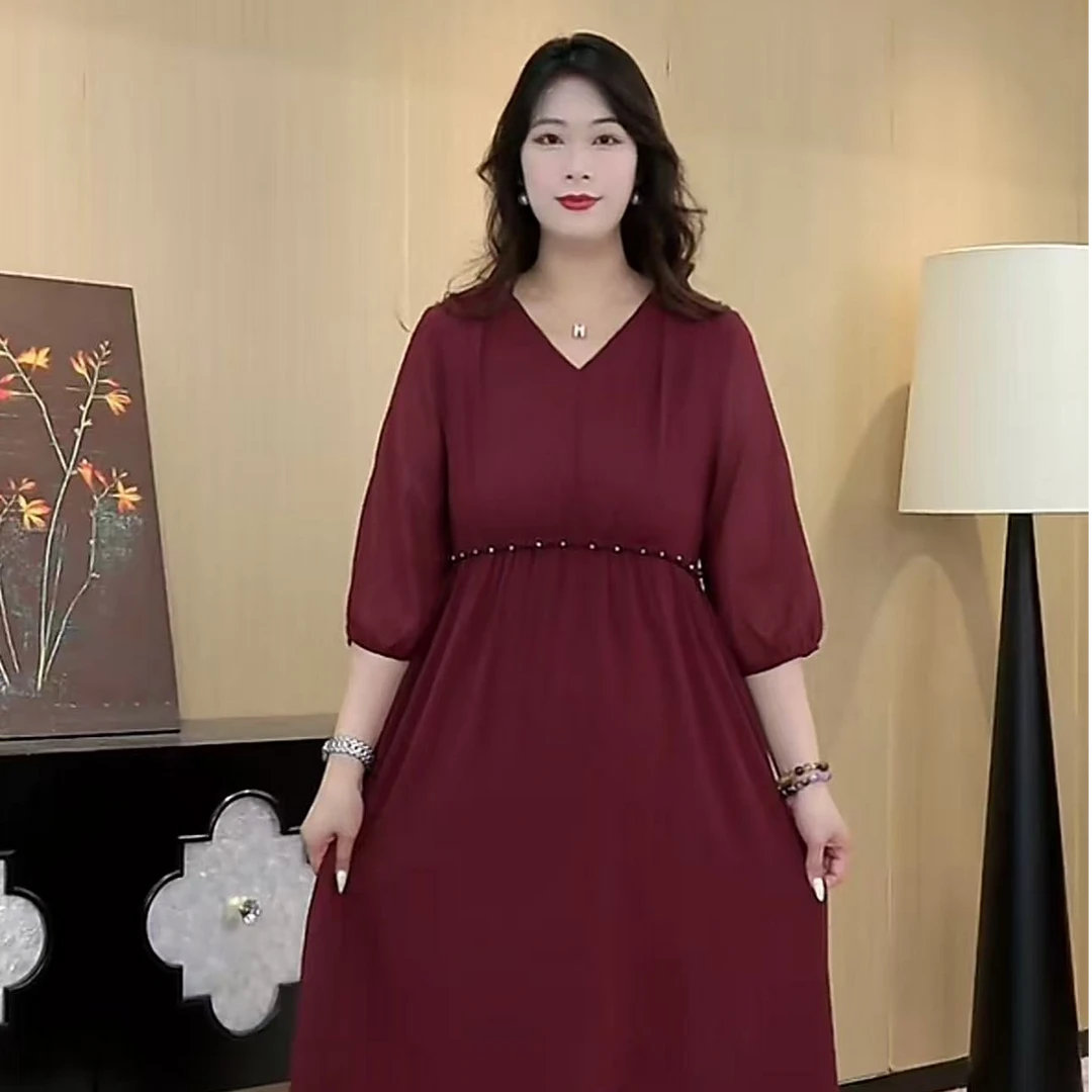 薇姐定制大码女装新款微胖简约气质时尚显瘦遮肉V领连衣裙ZB6667