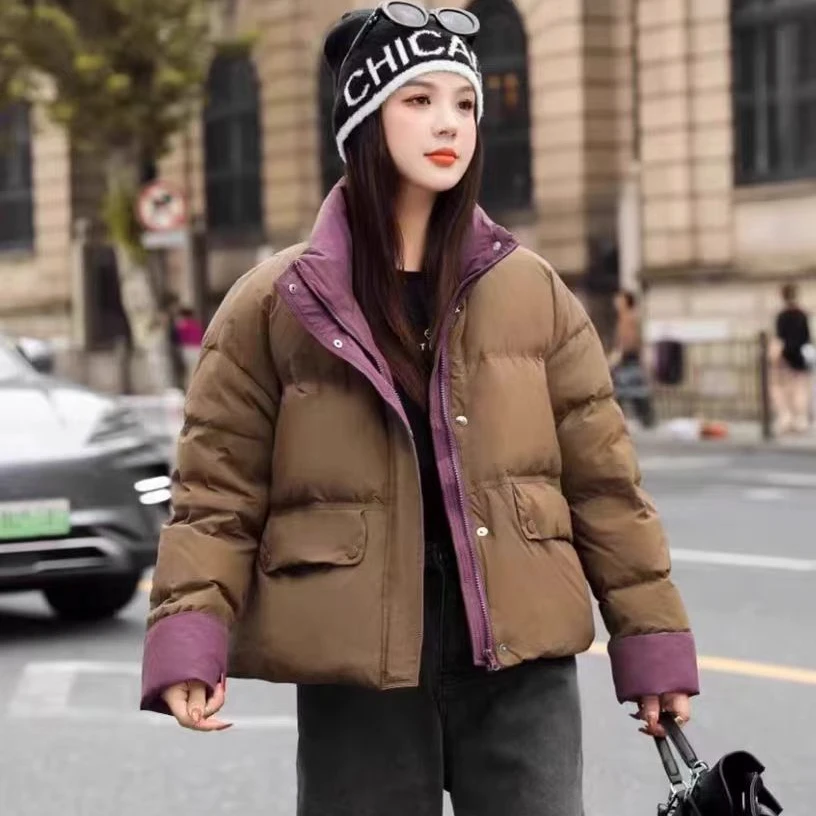 立领撞色棉服女韩版美拉德2024冬新款小个子宽松时尚面包服外套